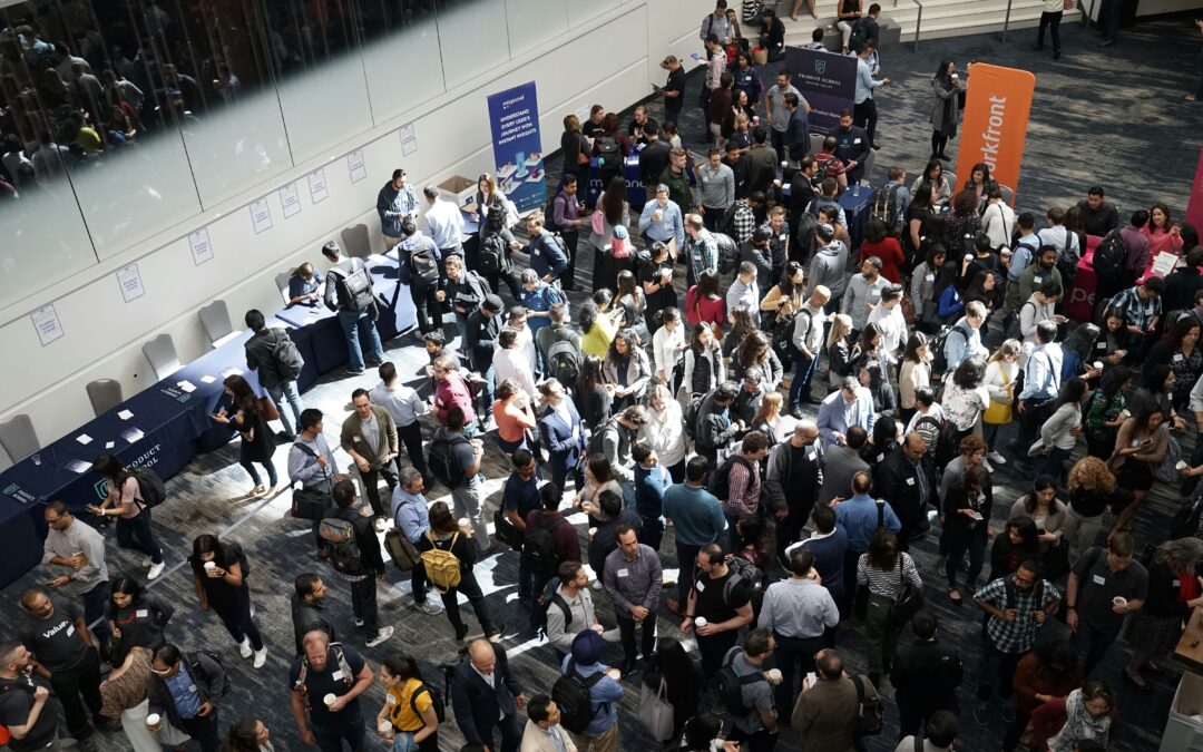 Busy trade show floor full of trade show samples and displays